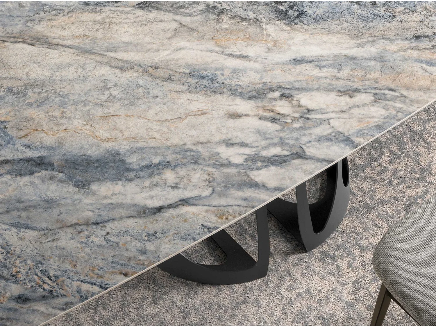 Table à manger baril ovale marbre porcelaine et acier noir 1136 ANGEL CERDA