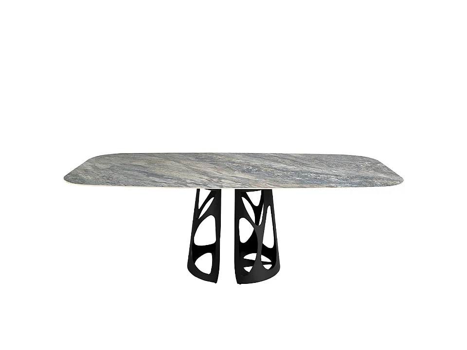 Table à manger baril ovale marbre porcelaine et acier noir 1136 ANGEL CERDA
