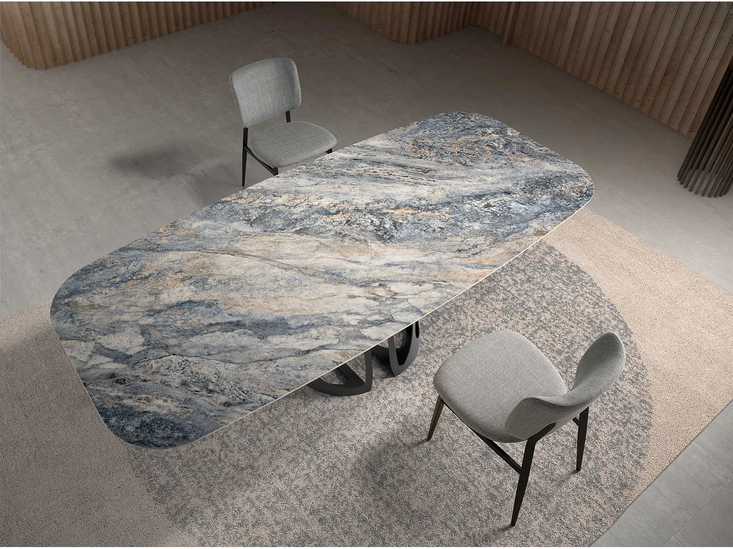 Table à manger baril ovale marbre porcelaine et acier noir 1136 ANGEL CERDA