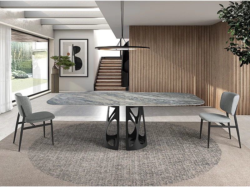 Eettafel ovale ton porselein marmer en zwart epoxystaal 1136 ANGEL CERDA