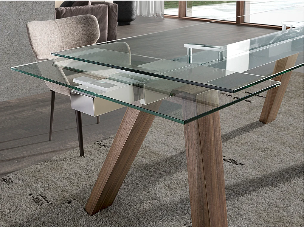 Uitschuifbare eettafel rechthoekig gehard glas en walnoot fineer 1123 ANGEL CERDA