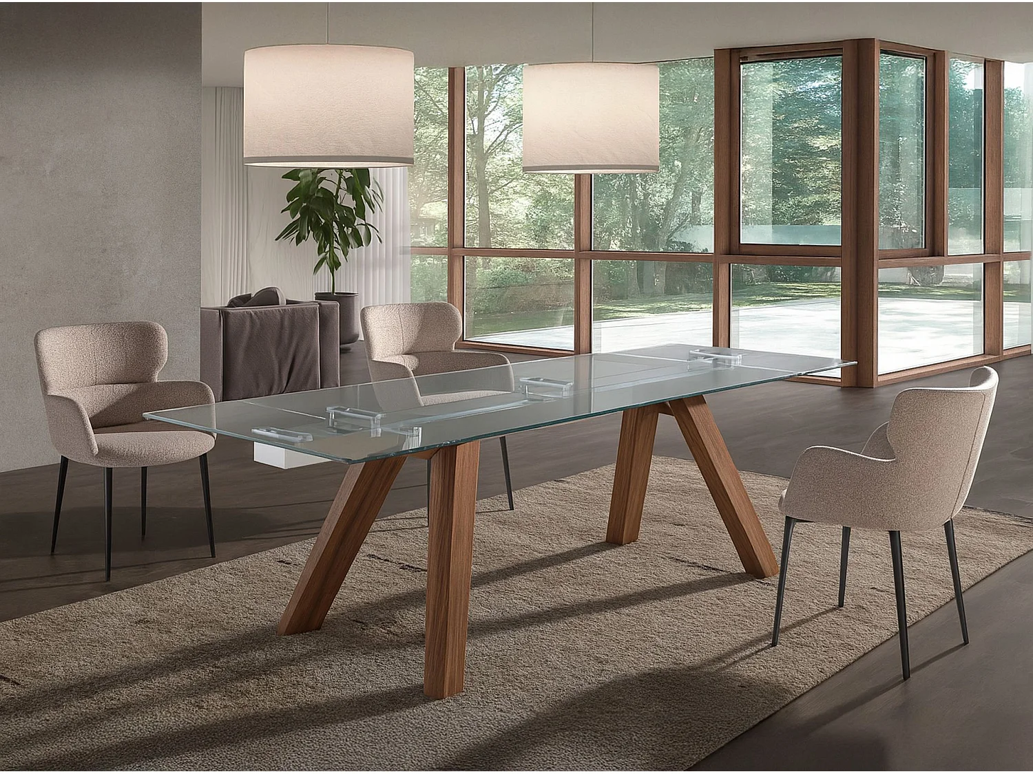 Uitschuifbare eettafel rechthoekig gehard glas en walnoot fineer 1123 ANGEL CERDA