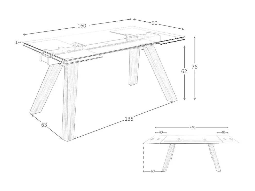 Uitschuifbare eettafel rechthoekig gehard glas en walnoot fineer 1123 ANGEL CERDA