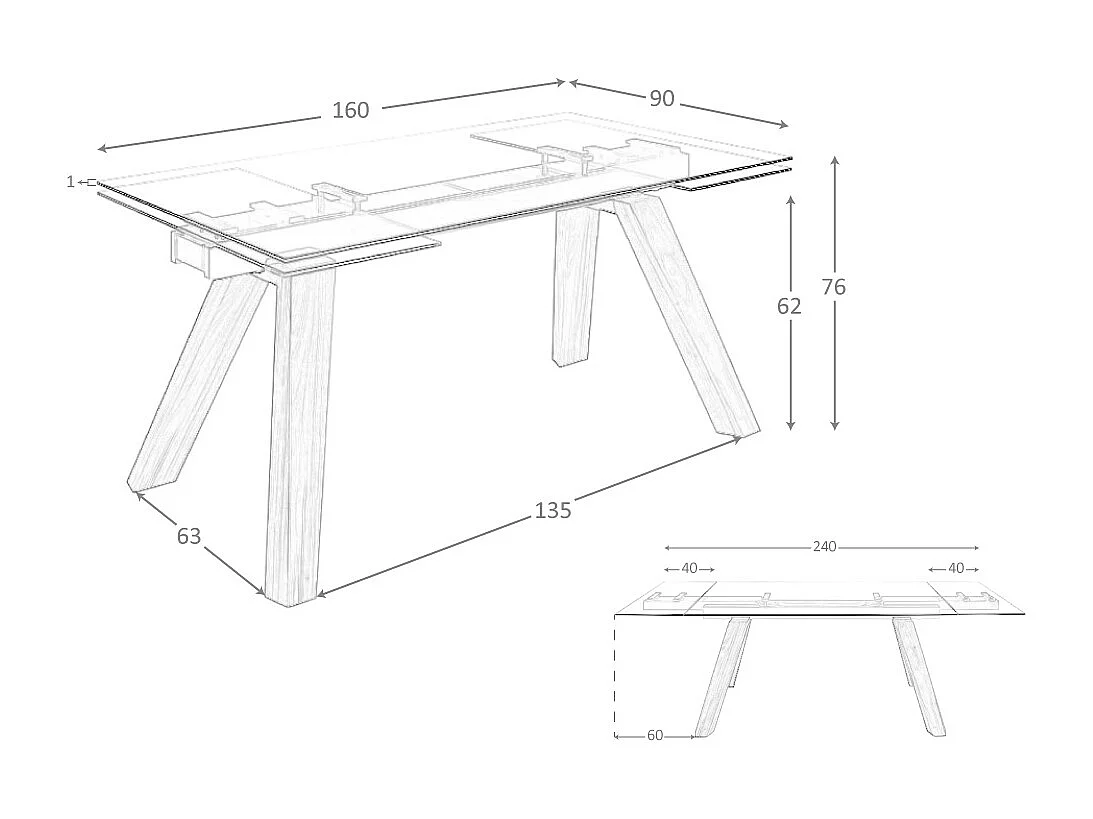 Uitschuifbare eettafel rechthoekig gehard glas en walnoot fineer 1123 ANGEL CERDA