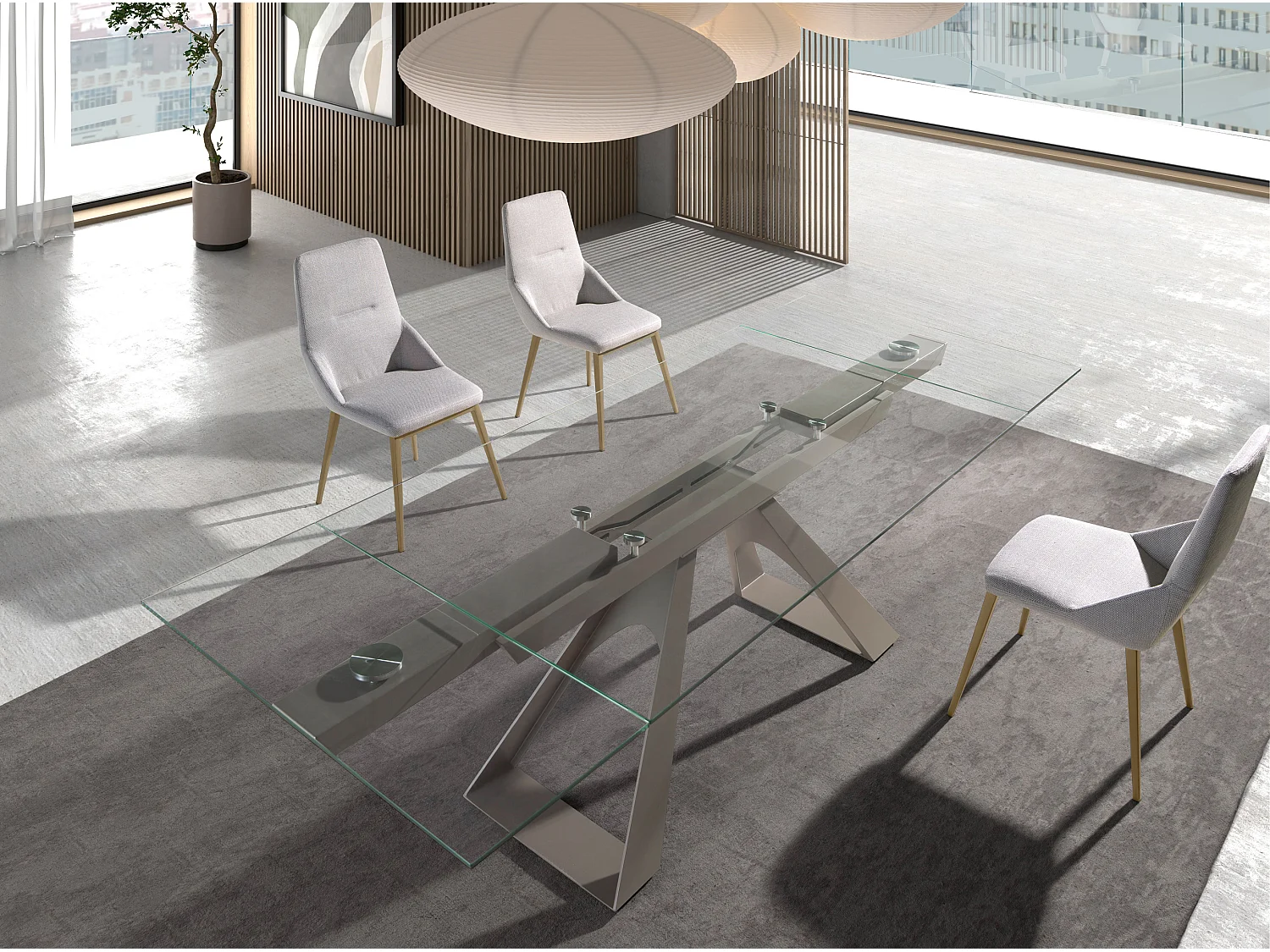 Rechteckiger ausziehbarer Esstisch aus gehärtetem Glas und taupefarbenem Stahl 1125 ANGEL CERDA