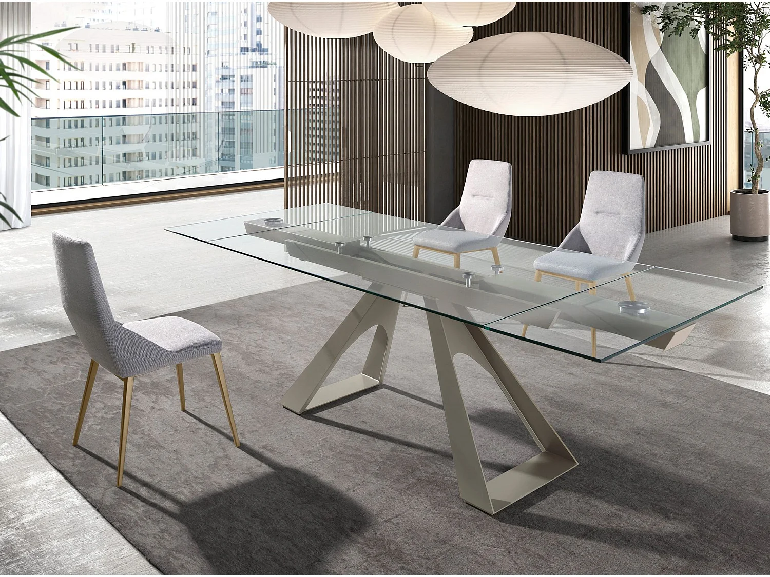 Rechthoekige uitschuifbare eettafel in gehard glas en taupe grijs staal 1125 ANGEL CERDA