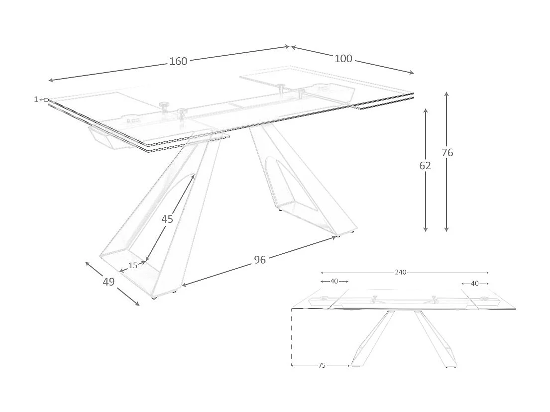 Rechthoekige uitschuifbare eettafel in gehard glas en taupe grijs staal 1125 ANGEL CERDA