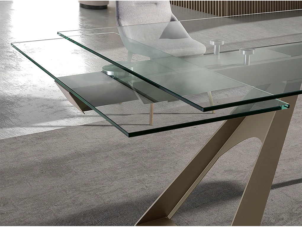 Rechthoekige uitschuifbare eettafel in gehard glas en taupe grijs staal 1125 ANGEL CERDA
