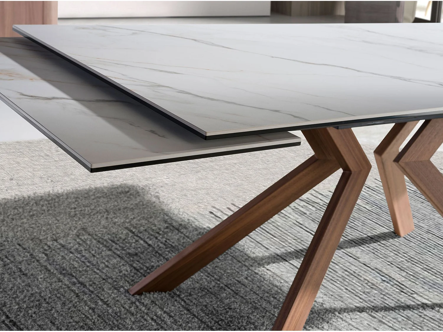 Table de salle à manger rectangulaire à rallonge en marbre porcelaine et acier effet noyer 1120 ANGEL CERDA