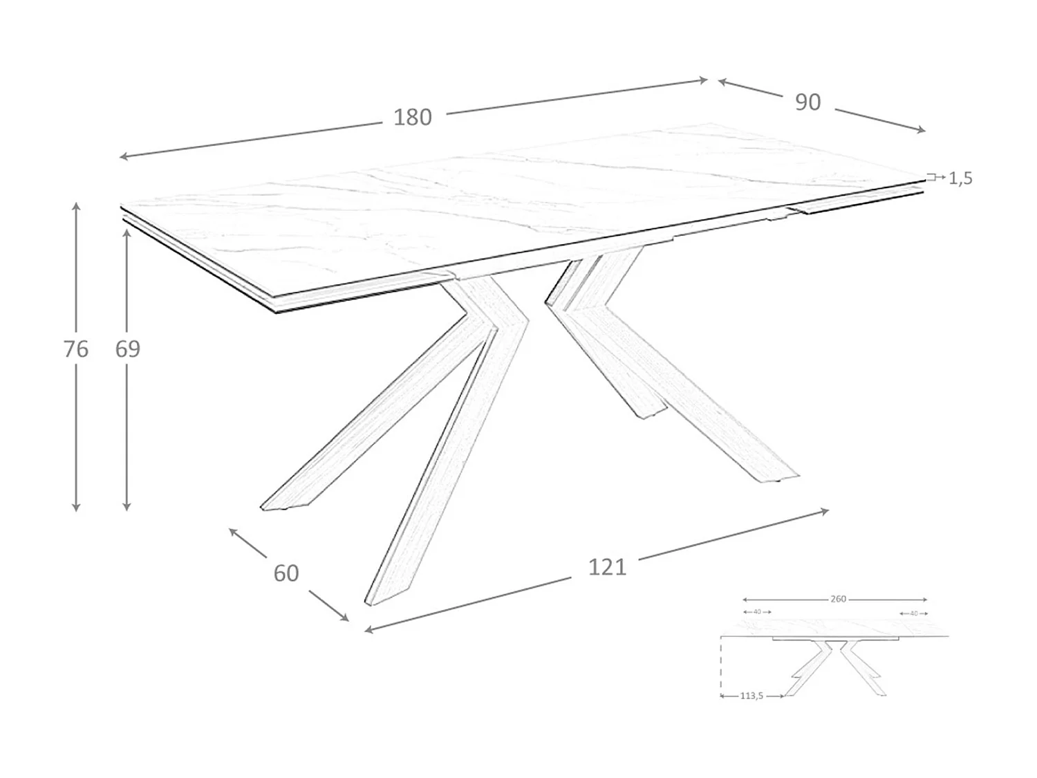 Table de salle à manger rectangulaire à rallonge en marbre porcelaine et acier effet noyer 1120 ANGEL CERDA