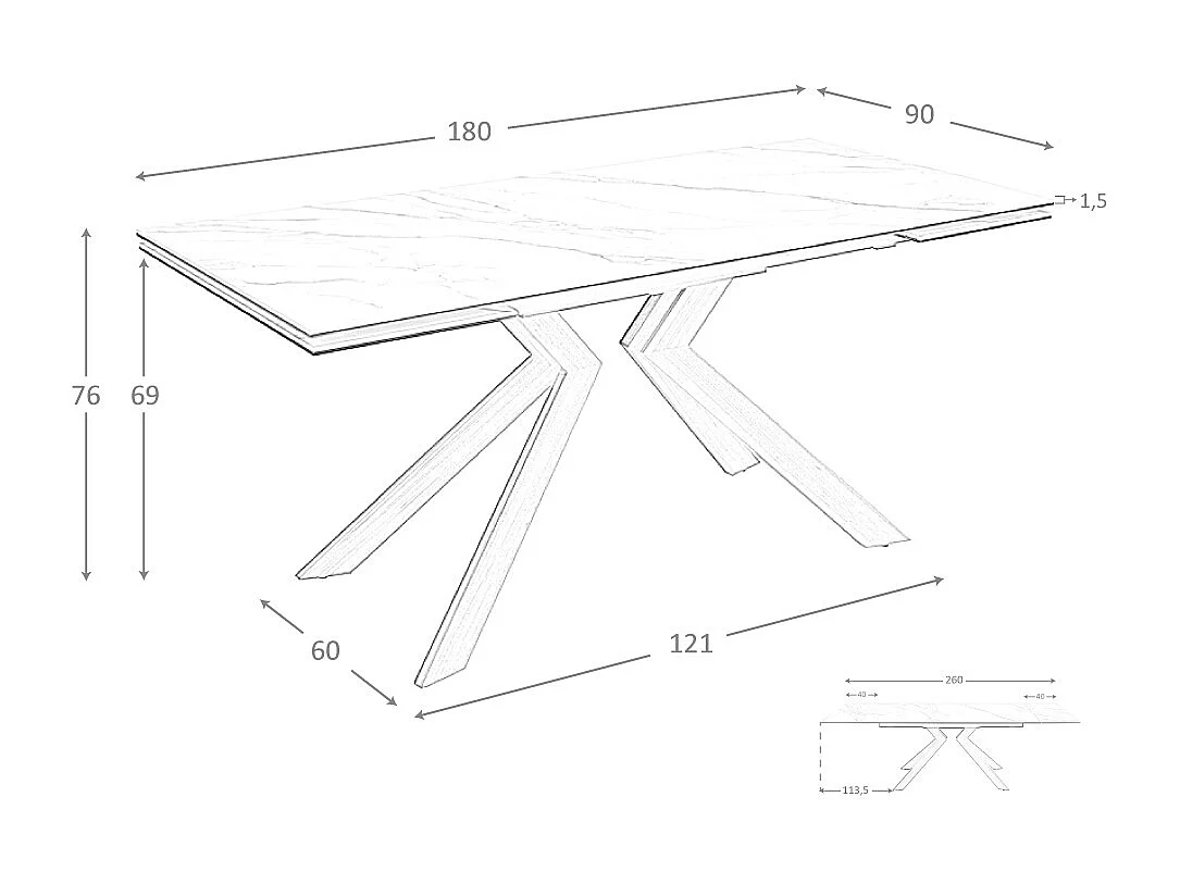 Table de salle à manger rectangulaire à rallonge en marbre porcelaine et acier effet noyer 1120 ANGEL CERDA