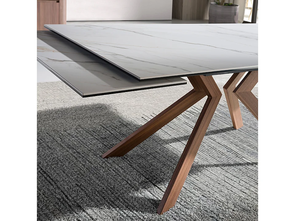 Table de salle à manger rectangulaire à rallonge en marbre porcelaine et acier effet noyer 1120 ANGEL CERDA