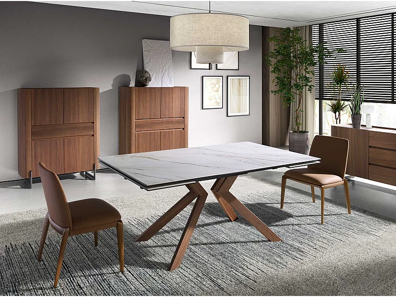 Tavolo da pranzo rettangolare allungabile in marmo porcellanato e acciaio effetto noce 1120 ANGEL CERDA