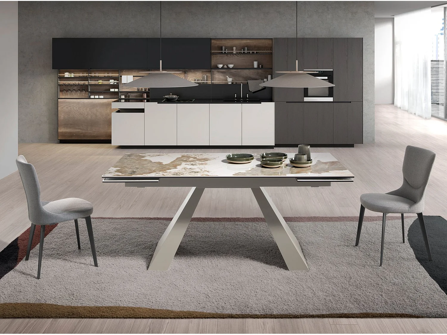 Rechteckiger ausziehbarer Esstisch aus Porzellanmarmor und taupefarbenem Stahl 1124 ANGEL CERDA