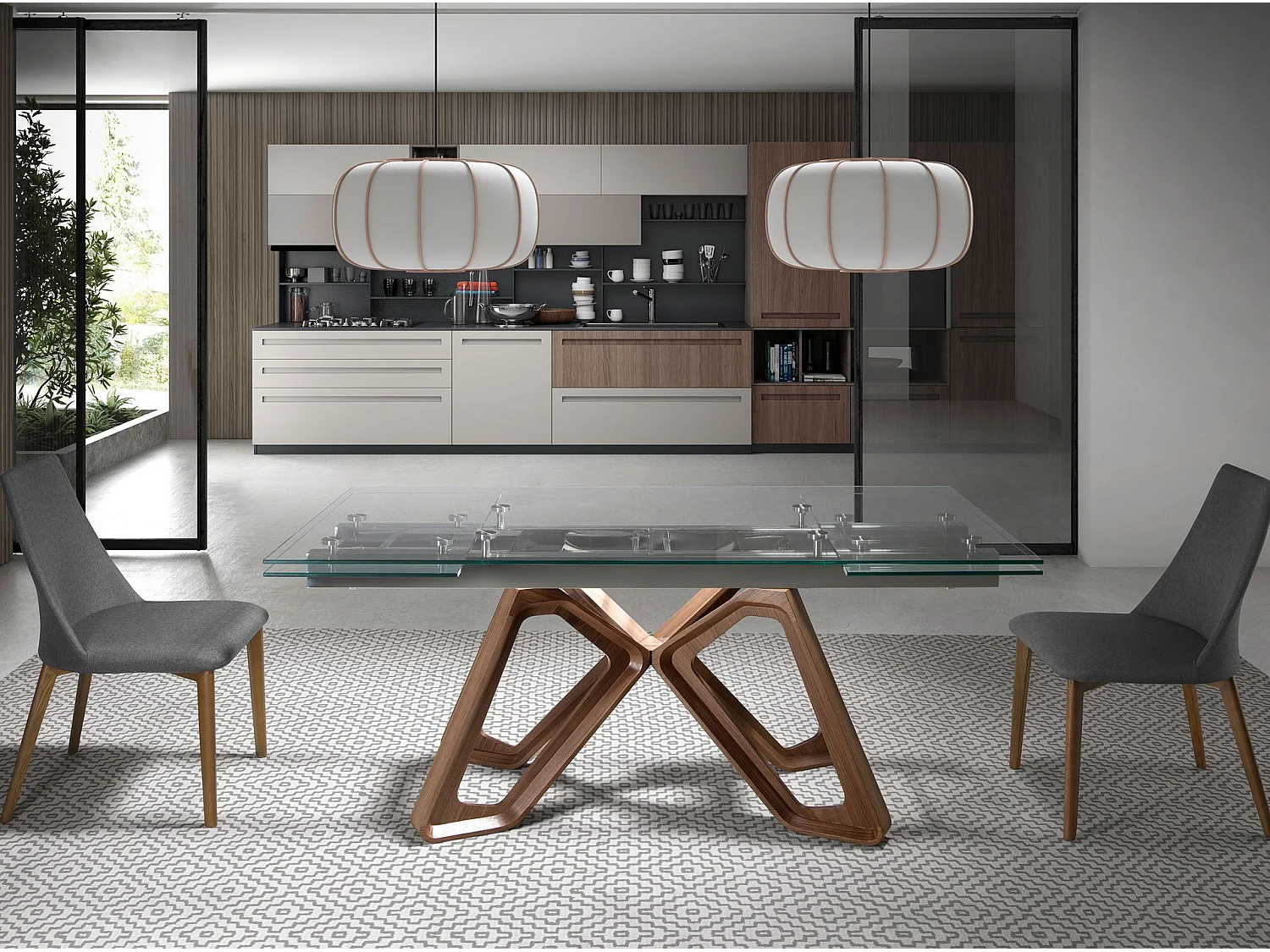 Table à manger à rallonge rectangulaire verre trempé et noyer 1122 ANGEL CERDA