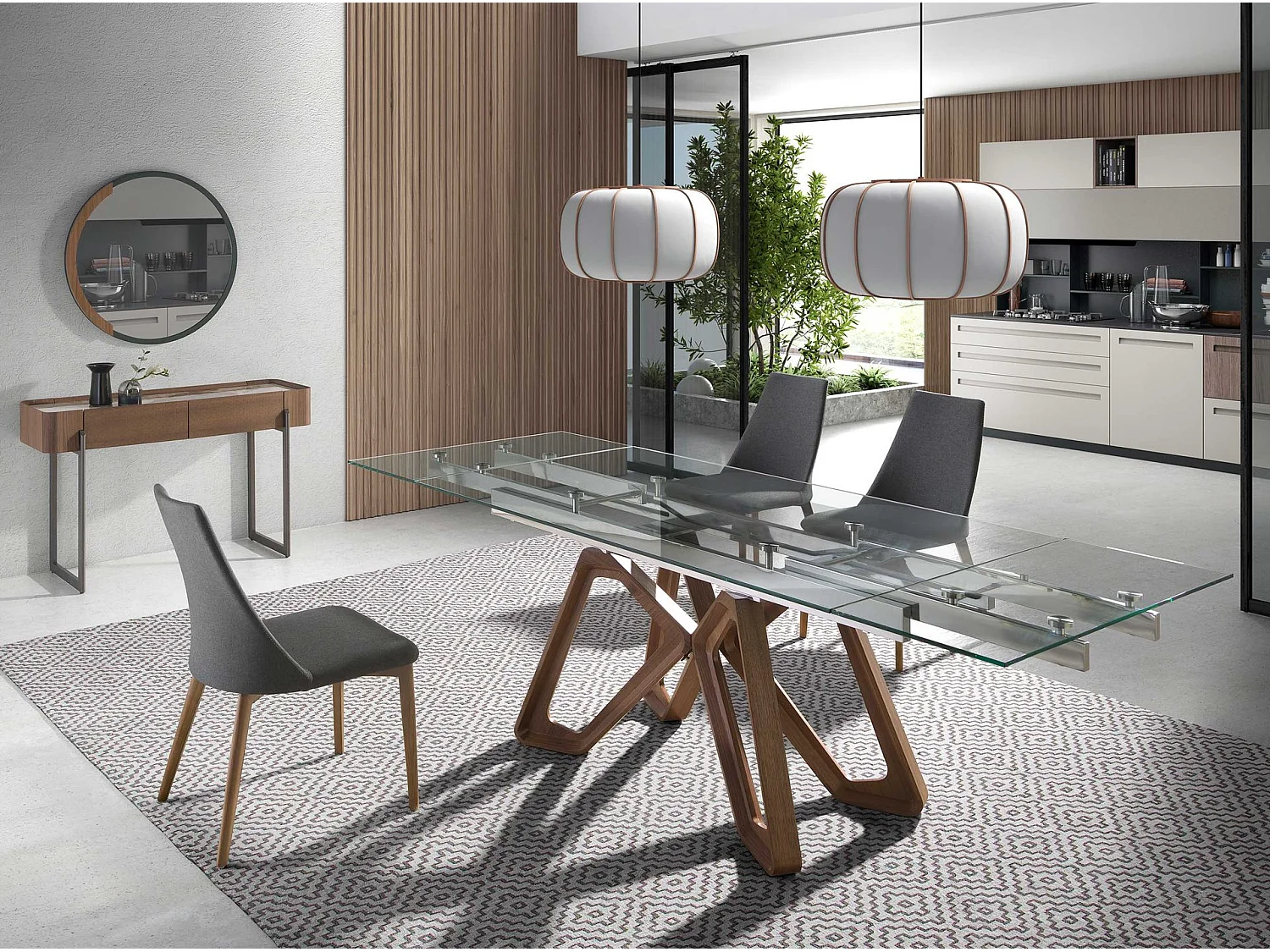 Table à manger à rallonge rectangulaire verre trempé et noyer 1122 ANGEL CERDA