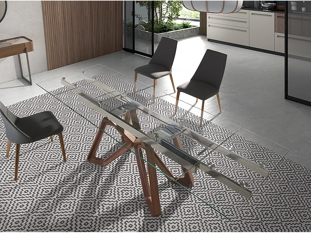 Table à manger à rallonge rectangulaire verre trempé et noyer 1122 ANGEL CERDA