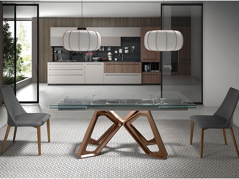 Table à manger à rallonge rectangulaire verre trempé et noyer 1122 ANGEL CERDA