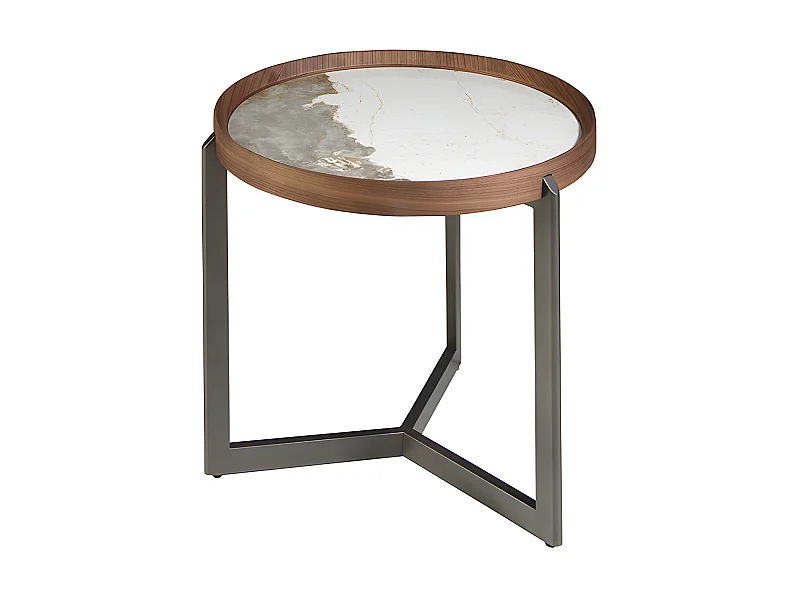 Table basse ronde en marbre porcelaine, noyer et acier métallique foncé 2130 ANGEL CERDA