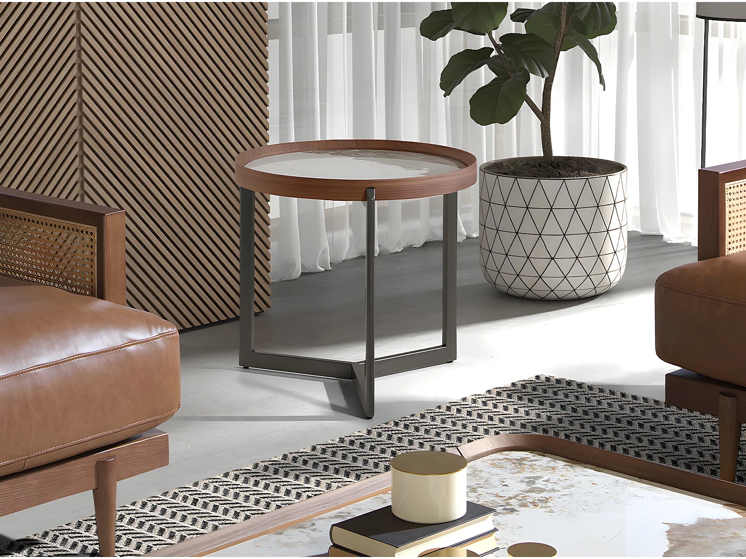 Table basse ronde en marbre porcelaine, noyer et acier métallique foncé 2130 ANGEL CERDA