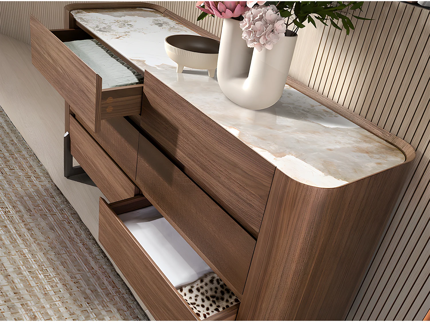 Table basse ronde en marbre porcelaine, noyer et acier métallique foncé 2130 ANGEL CERDA