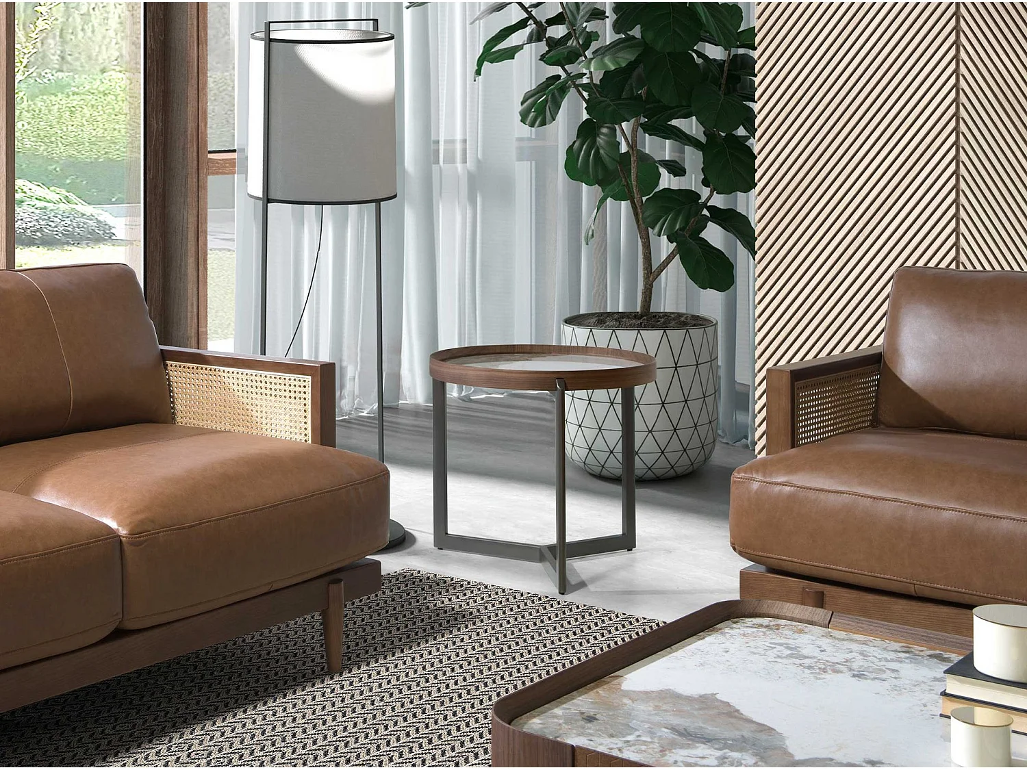 Ronde salontafel in porselein marmer, walnoot en donker metallic staal 2130 ANGEL CERDA