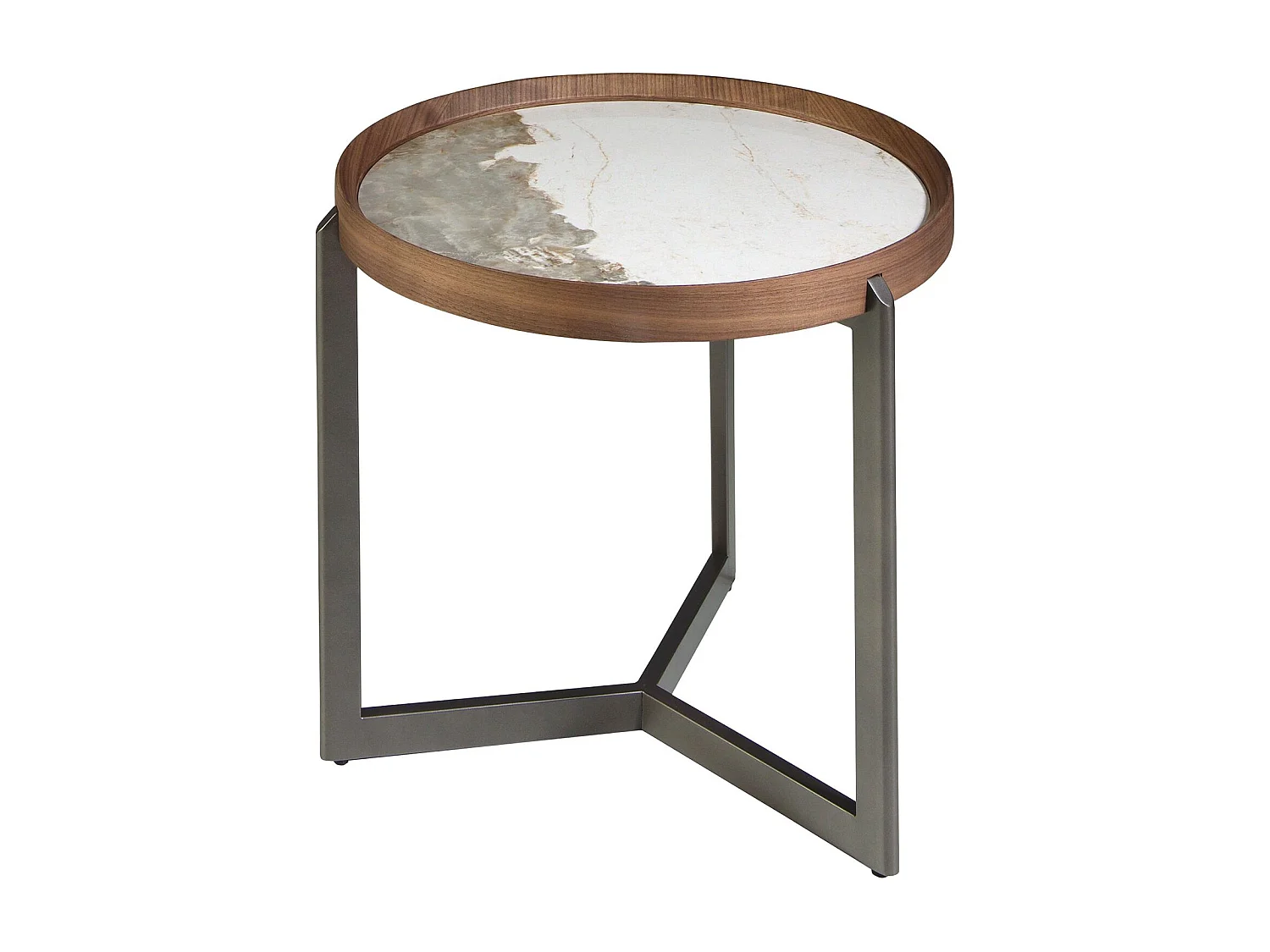 Ronde salontafel in porselein marmer, walnoot en donker metallic staal 2130 ANGEL CERDA