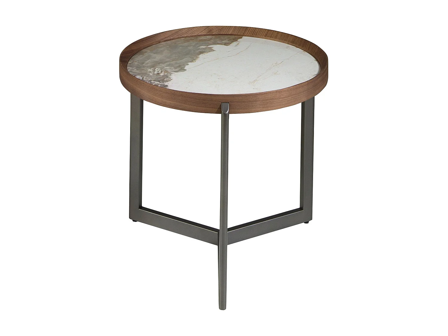 Ronde salontafel in porselein marmer, walnoot en donker metallic staal 2130 ANGEL CERDA