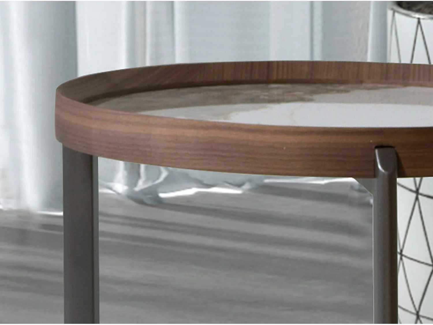 Ronde salontafel in porselein marmer, walnoot en donker metallic staal 2130 ANGEL CERDA