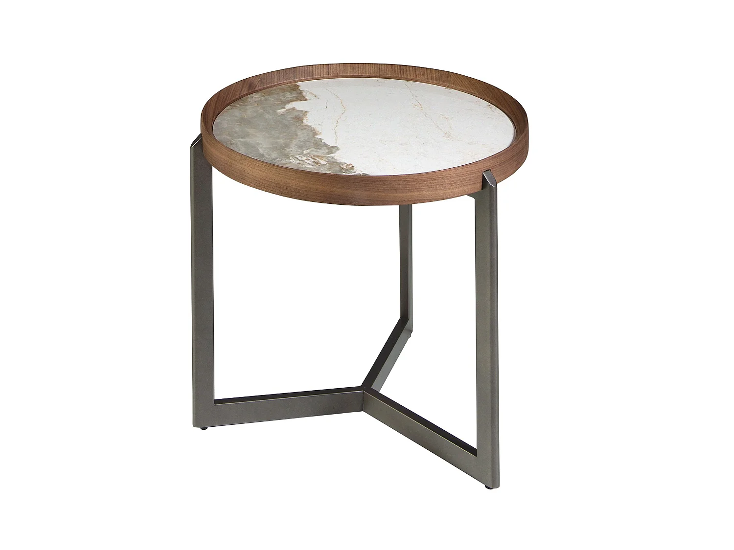 Ronde salontafel in porselein marmer, walnoot en donker metallic staal 2130 ANGEL CERDA