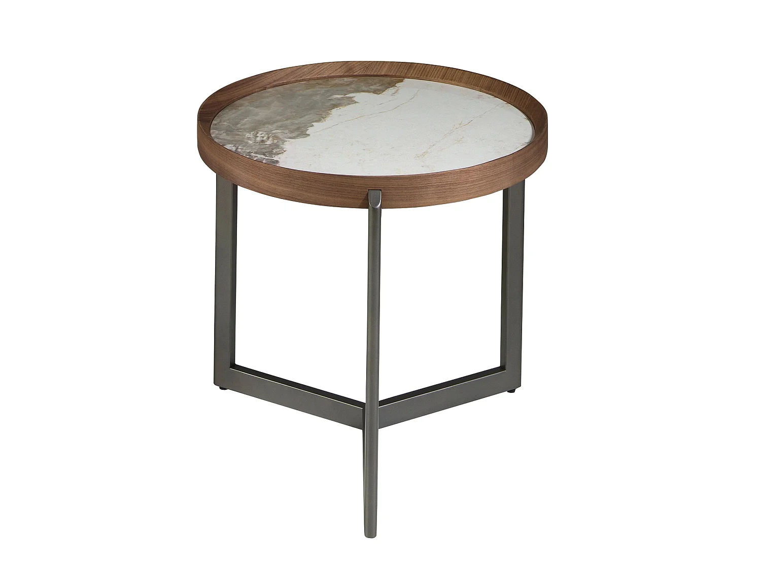 Ronde salontafel in porselein marmer, walnoot en donker metallic staal 2130 ANGEL CERDA