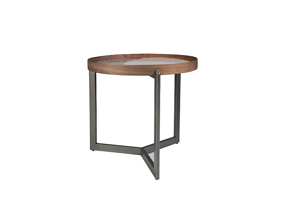 Ronde salontafel in porselein marmer, walnoot en donker metallic staal 2130 ANGEL CERDA