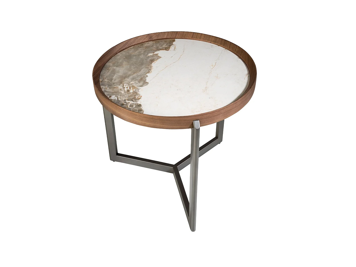 Ronde salontafel in porselein marmer, walnoot en donker metallic staal 2130 ANGEL CERDA