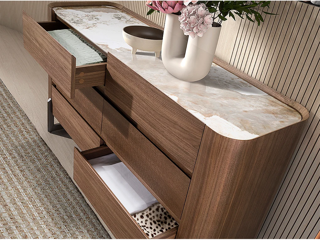 Ronde salontafel in porselein marmer, walnoot en donker metallic staal 2130 ANGEL CERDA