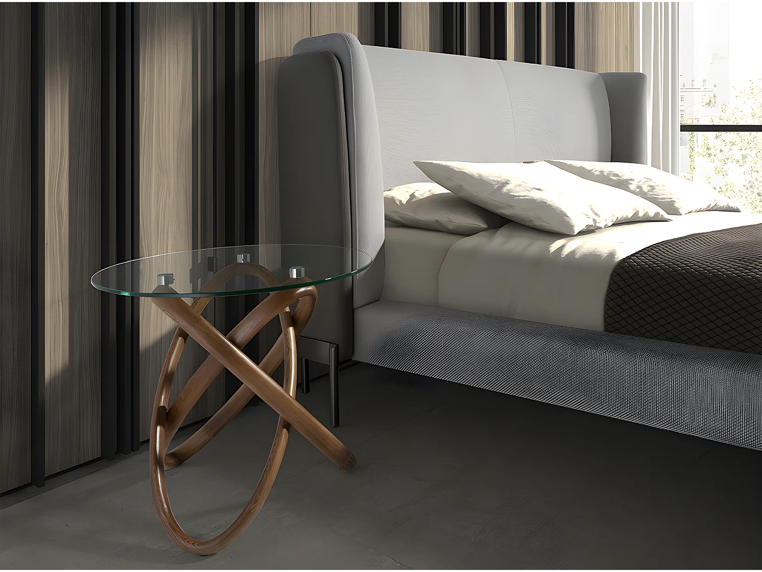 Runder Ecktisch aus gehärtetem Glas und Nussbaum  2126 ANGEL CERDA