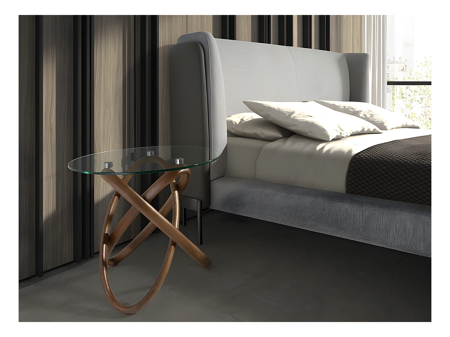 Ronde hoektafel van gehard glas en walnoot 2126 ANGEL CERDA