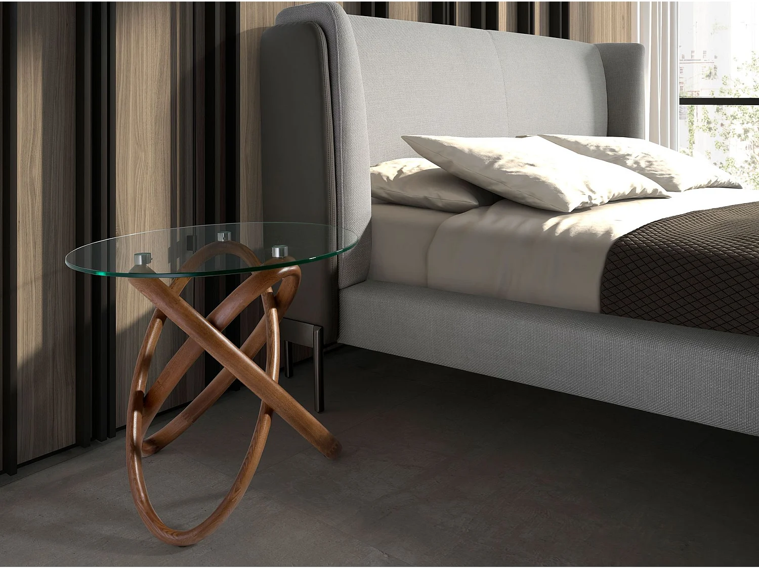 Table d'angle ronde en verre trempé et noyer 2126 ANGEL CERDA