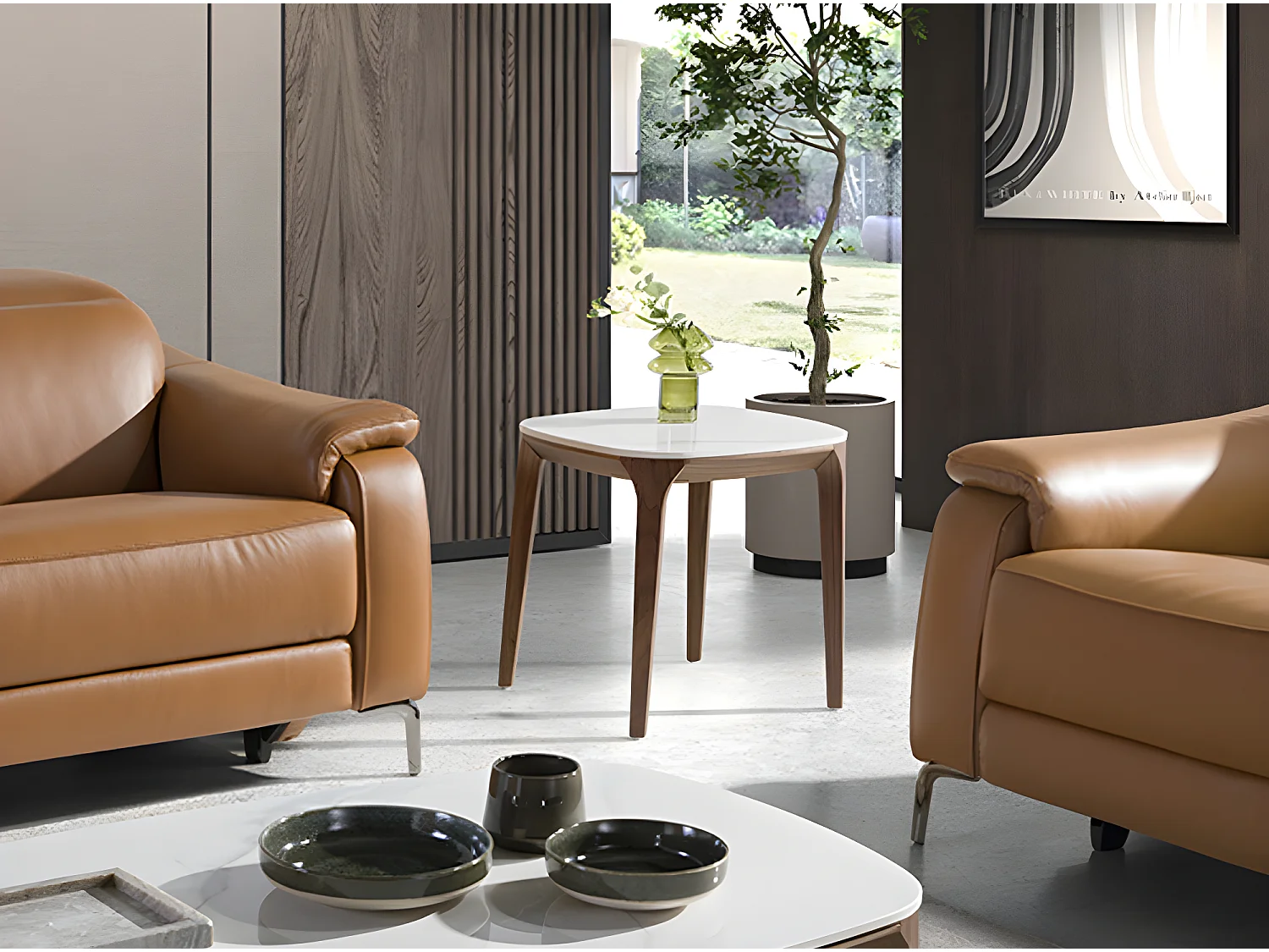 Table d'angle carrée en marbre porcelaine et noyer 2133 ANGEL CERDA