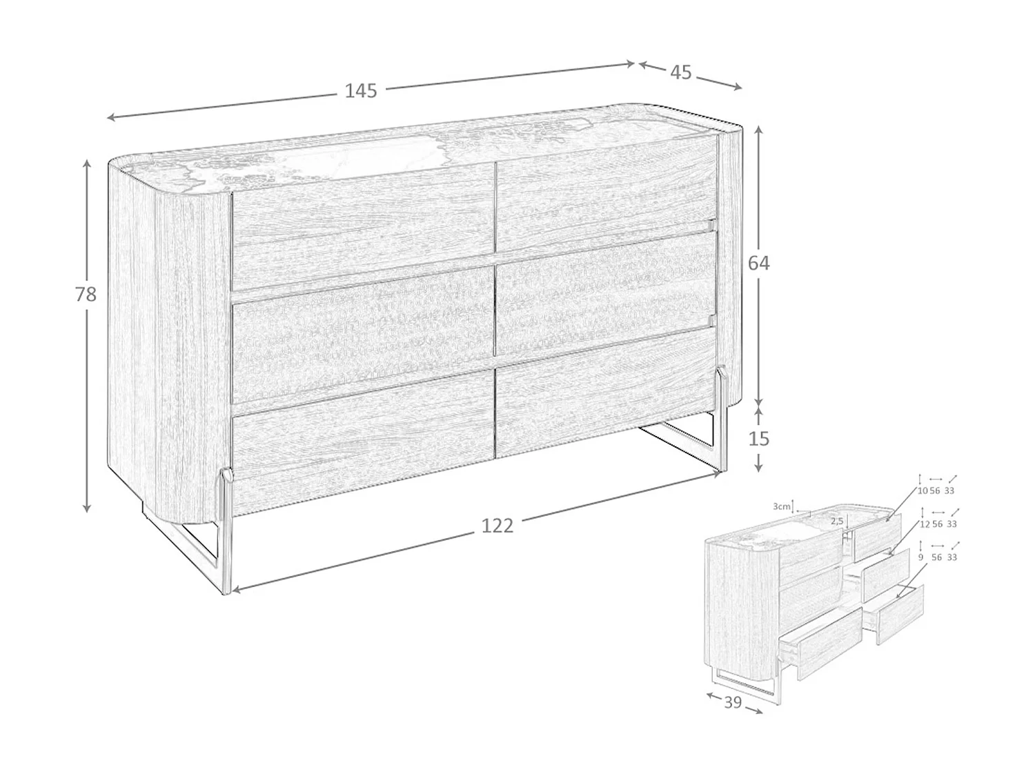 Cassettiera in noce e acciaio scuro metallizzato con piano in marmo porcellanato   7151 ANGEL CERDA