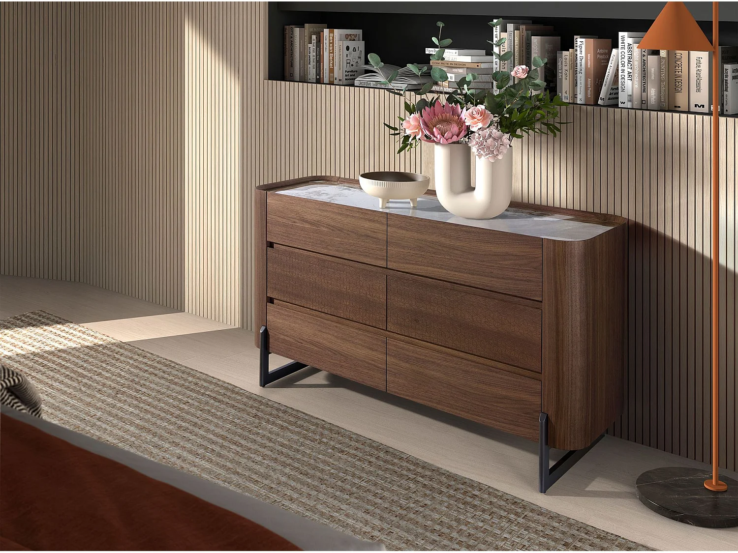 Commode en noyer et acier foncé métallisé avec plateau en marbre de porcelaine 7151 ANGEL CERDA