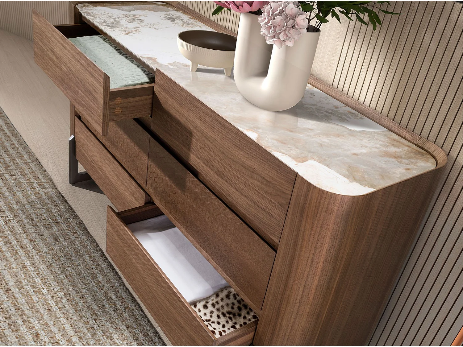 Commode en noyer et acier foncé métallisé avec plateau en marbre de porcelaine 7151 ANGEL CERDA