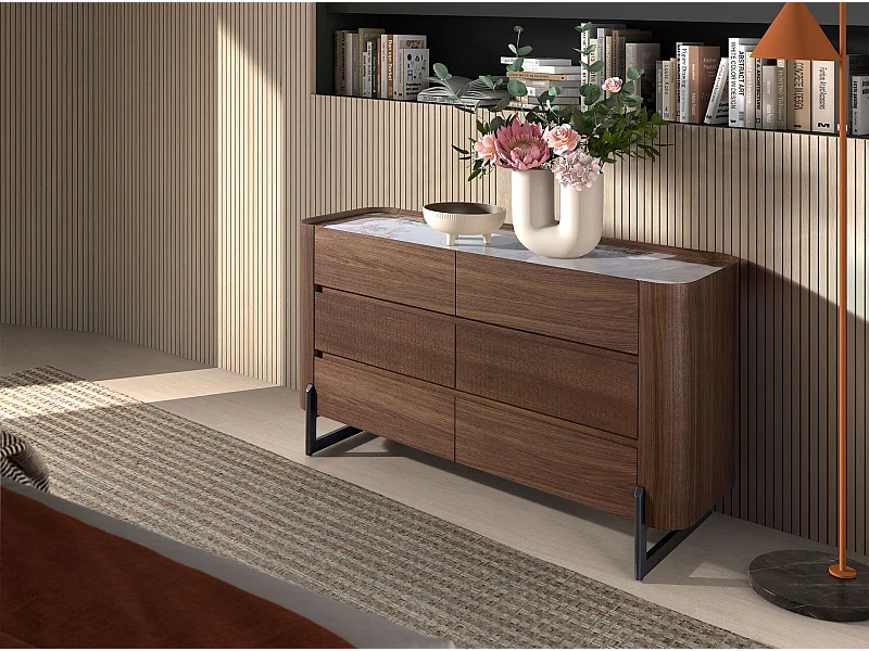 Cassettiera in noce e acciaio scuro metallizzato con piano in marmo porcellanato 7151 ANGEL CERDA