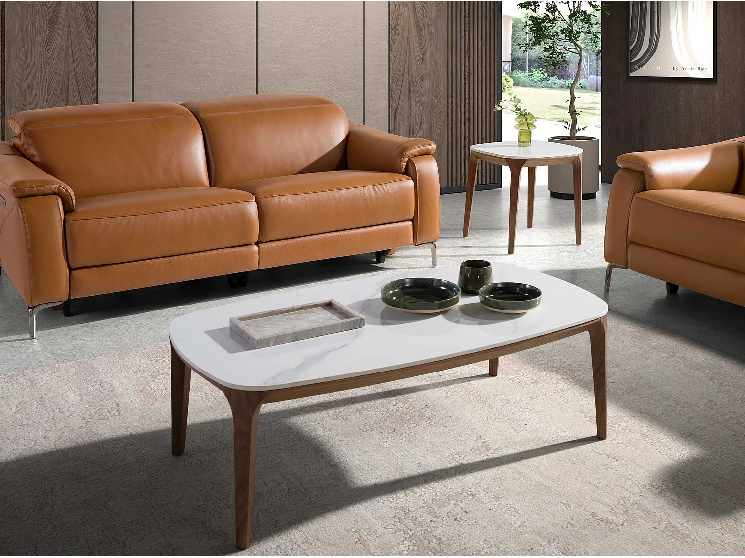 Porselein marmer en walnoot ovale barrel salontafel 2132 ANGEL CERDA