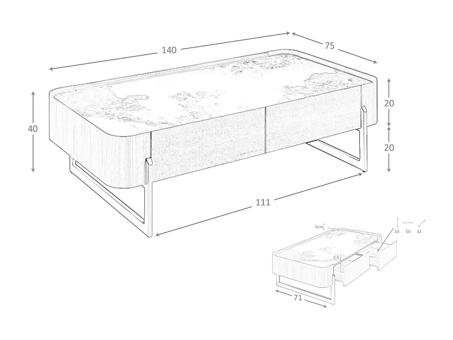 Tavolino rettangolare in marmo porcellanato, noce e acciaio metallizzato scuro 2131 ANGEL CERDA