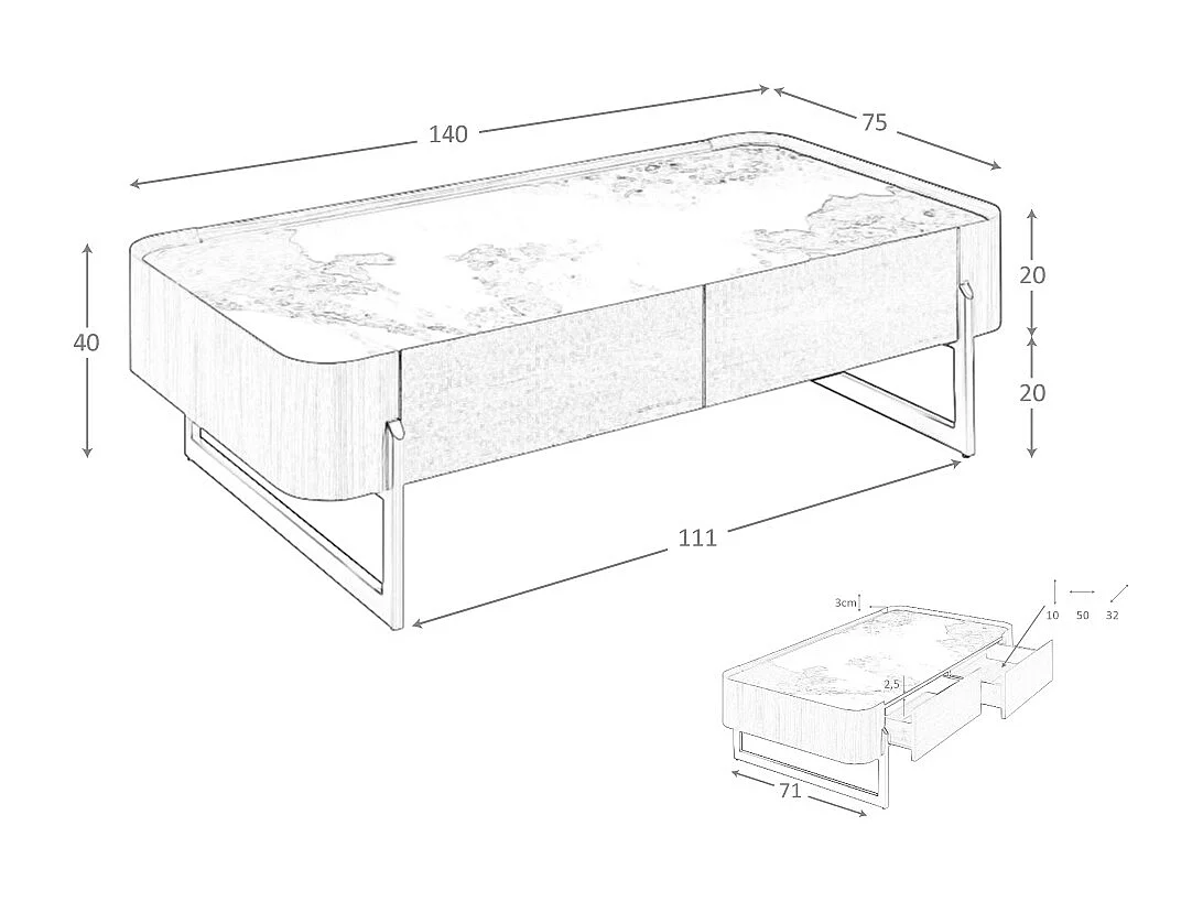 Tavolino rettangolare in marmo porcellanato, noce e acciaio metallizzato scuro 2131 ANGEL CERDA