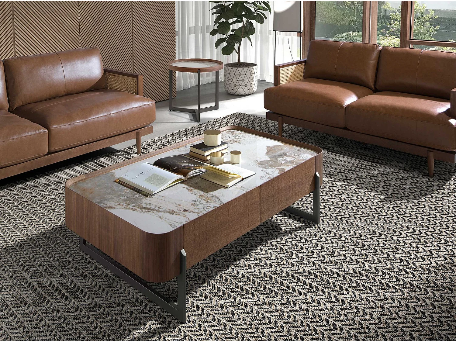 Rectangular coffee table in porcelain marble, walnut and dark metallic steel 2131 ANGEL CERDA