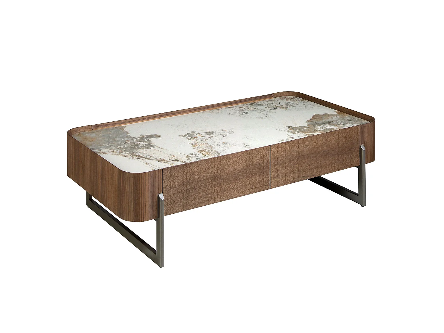 Rectangular coffee table in porcelain marble, walnut and dark metallic steel 2131 ANGEL CERDA