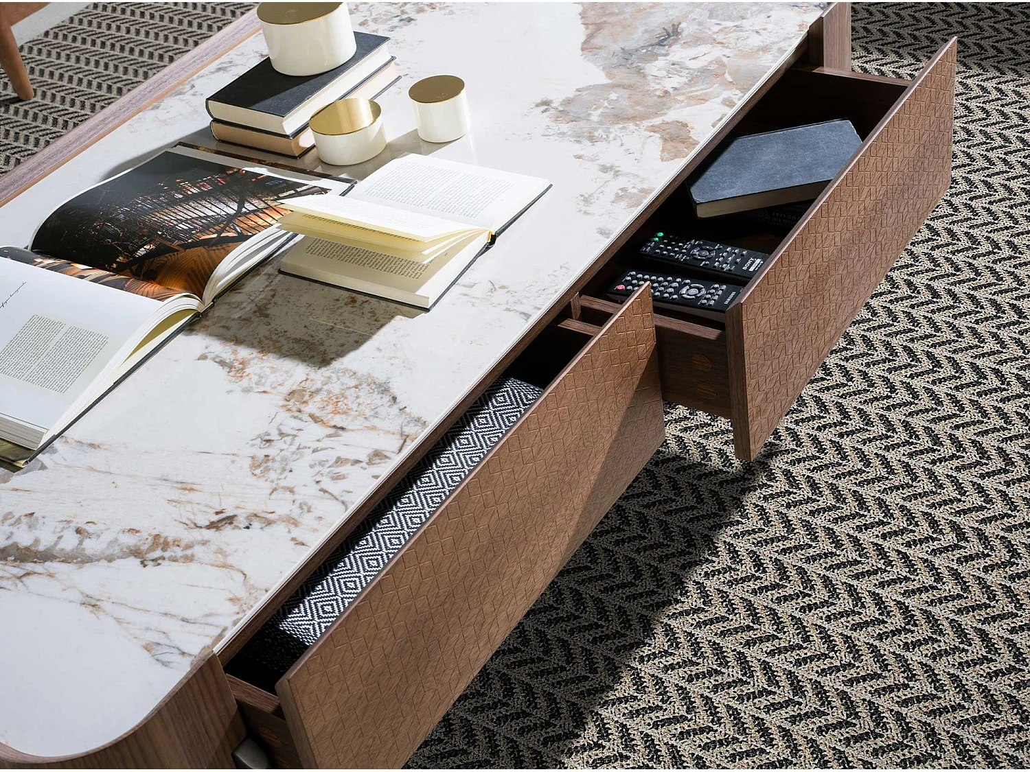 Rectangular coffee table in porcelain marble, walnut and dark metallic steel 2131 ANGEL CERDA