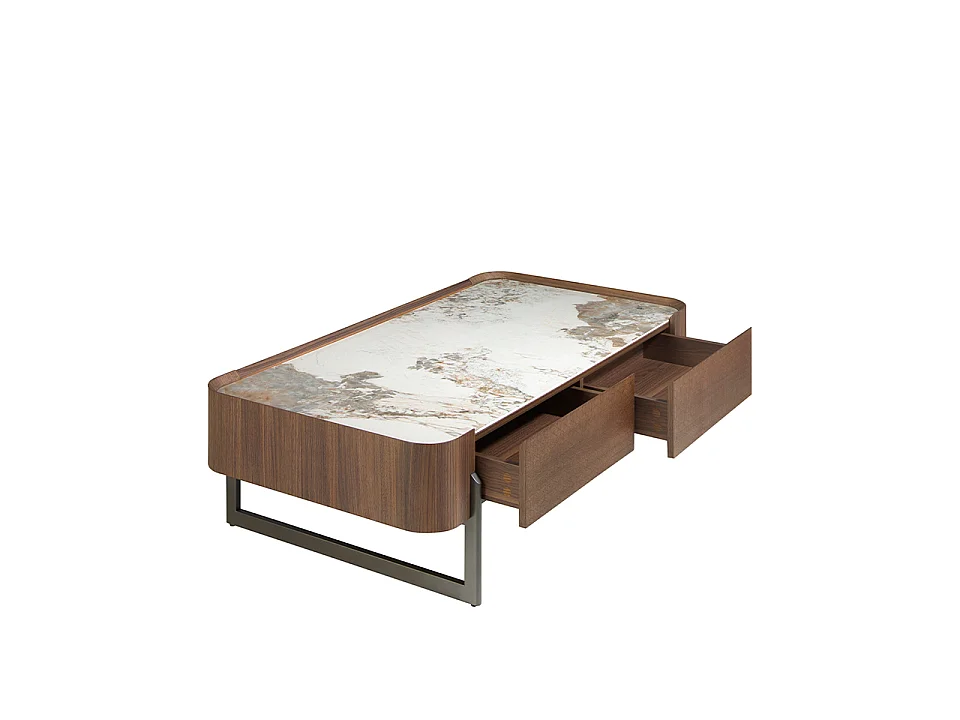 Rectangular coffee table in porcelain marble, walnut and dark metallic steel 2131 ANGEL CERDA