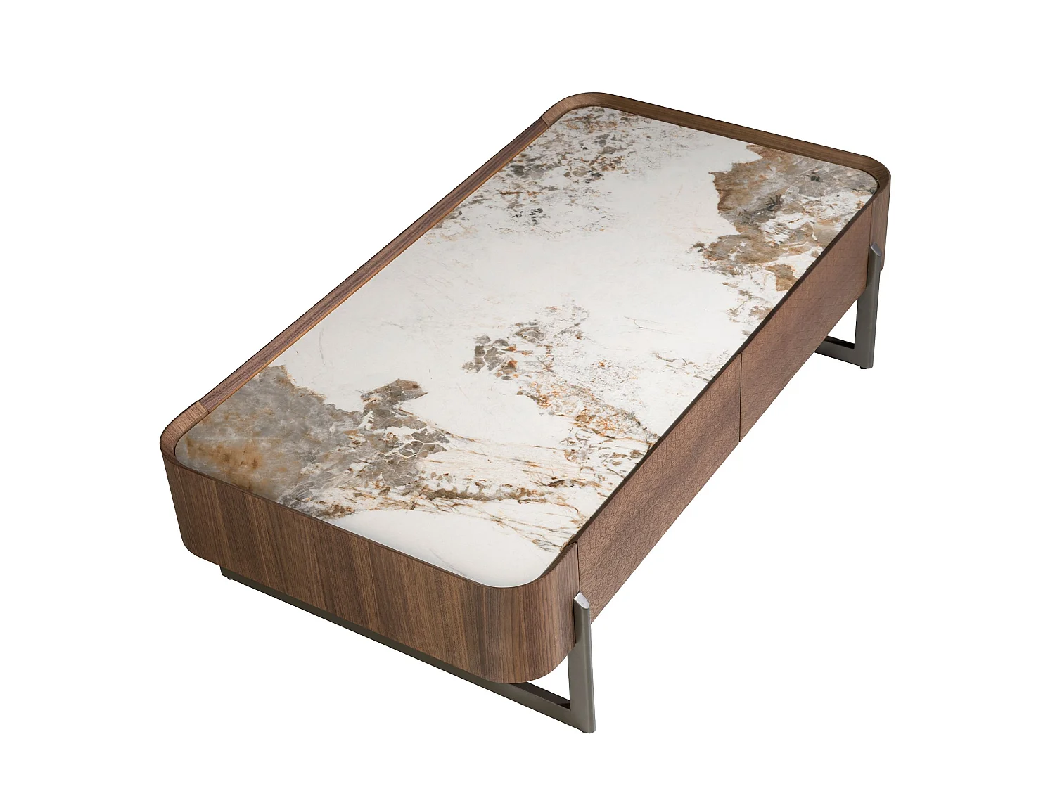 Rectangular coffee table in porcelain marble, walnut and dark metallic steel 2131 ANGEL CERDA